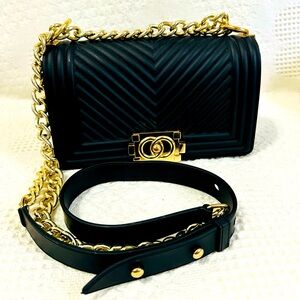 Black Geometric and Gold Chain Bag